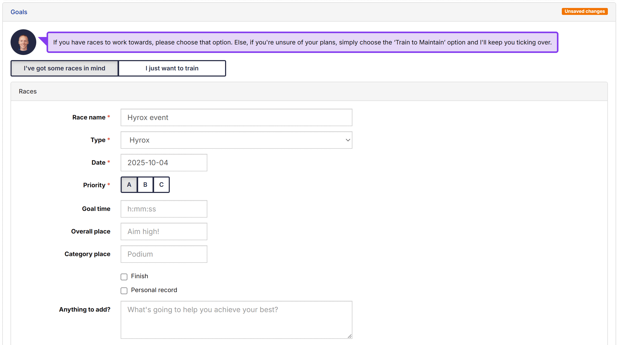 Selecting a HYROX race goal in Athletica's plan setup