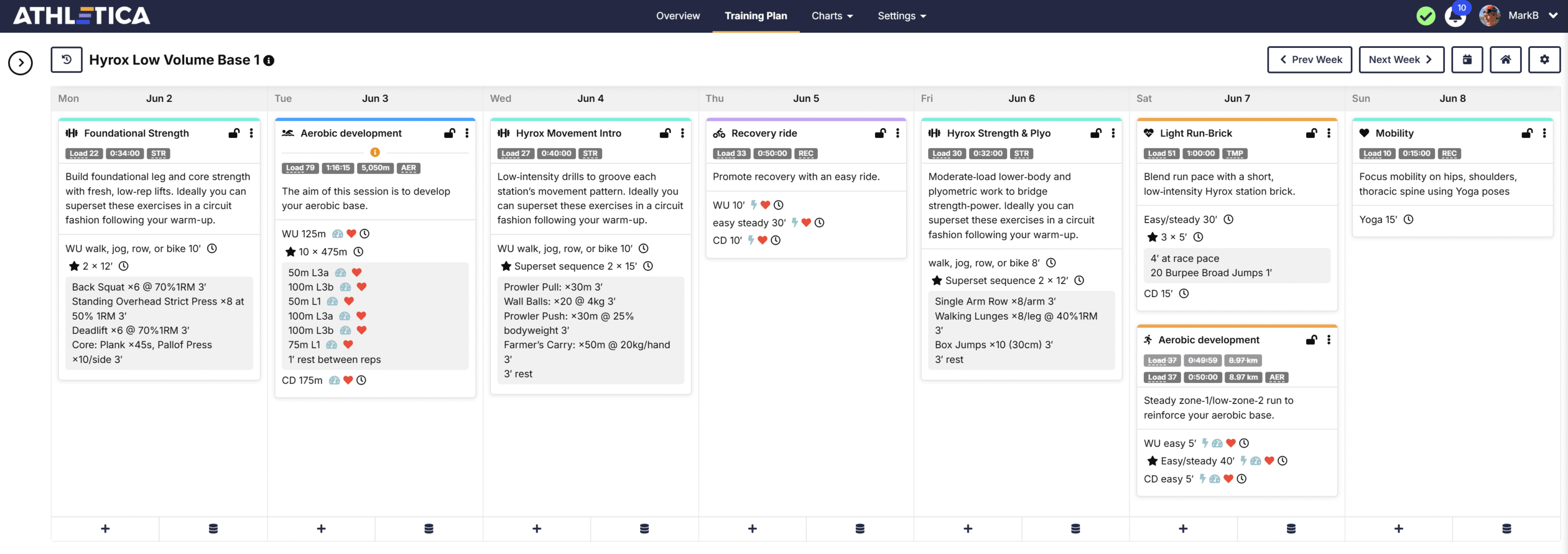 Sample HYROX training week in Athletica calendar view