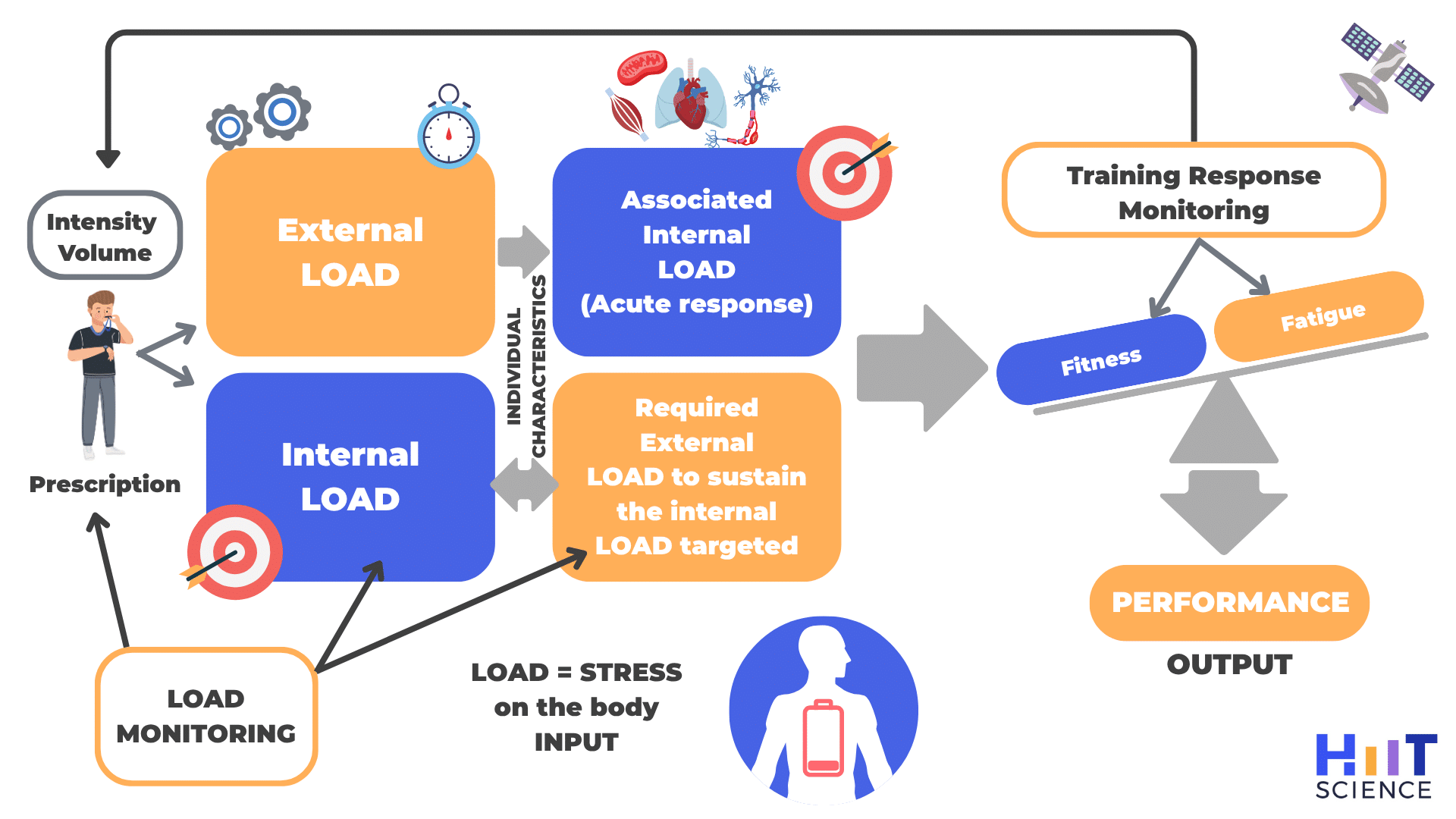 Diagram showing external load, internal load, and training response from HIIT Science, illustrating how training stress influences fitness, fatigue, and performance.